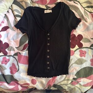 Black Ribbed V‑Neck Button Front Tee